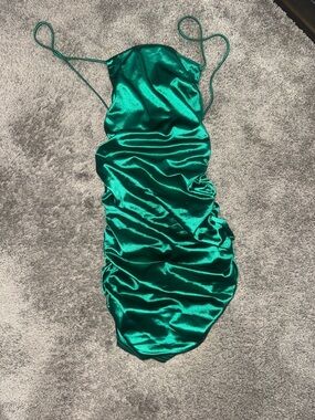 Emerald Satin Ruched Slip Dress with Adjustable Straps